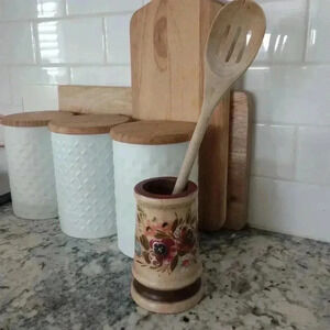 VINTAGE Hand Painted Wooden Spoon Holder Display Cup Artisan Floral Folk Art